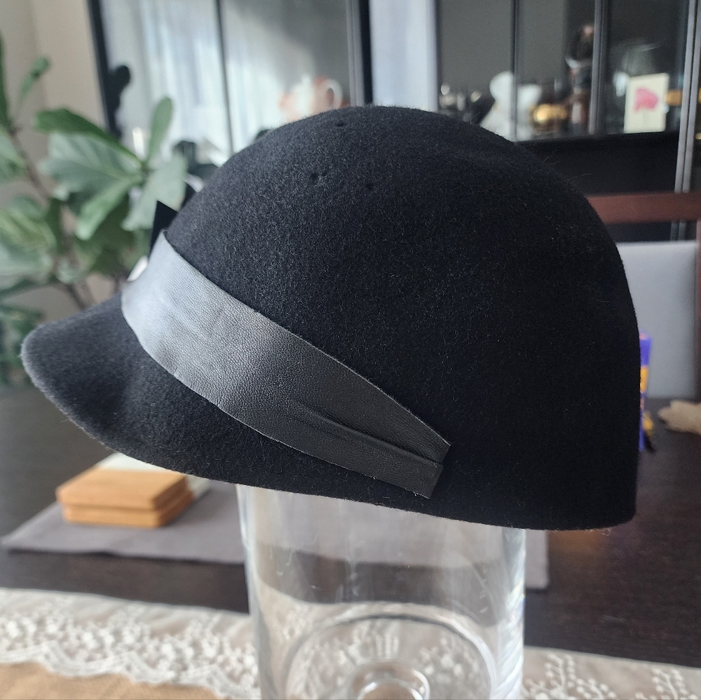 Black Wool Cloche Hat with Ribbon Band